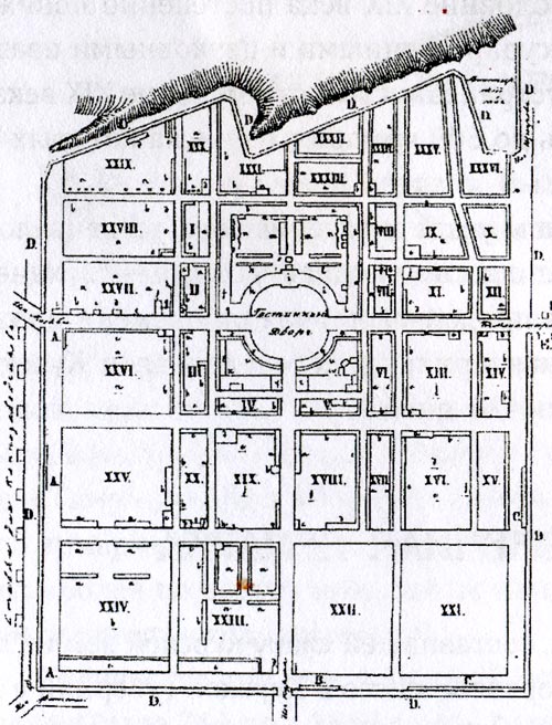 План помещения Коренской ярмарки в 1863 г. с обозначением новых пристроек внутри Гостиного двора и распределением товаров по рядам и площадям